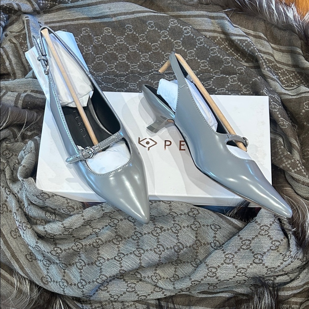 Katy Perry Collections Silver Micro Kitten Slingback Heels Office Siren 7.5 gry